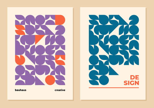 Modernism poster collection in a geometric Bauhaus style. Set of two minimalist geometric cover designs with abstract mosaic patterns for art exhibitions, events, or music festivals.