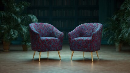 Velvet armchairs whispering forgotten tales in an opulent library, ideal for Book Lovers Day or National Reading Group Month