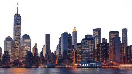 Fototapeta premium Twilight urban glow, captivating skyline view of towering skyscrapers and vibrant cityscape