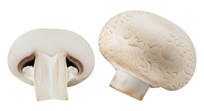 Isolated White Button Mushrooms Cut and Whole