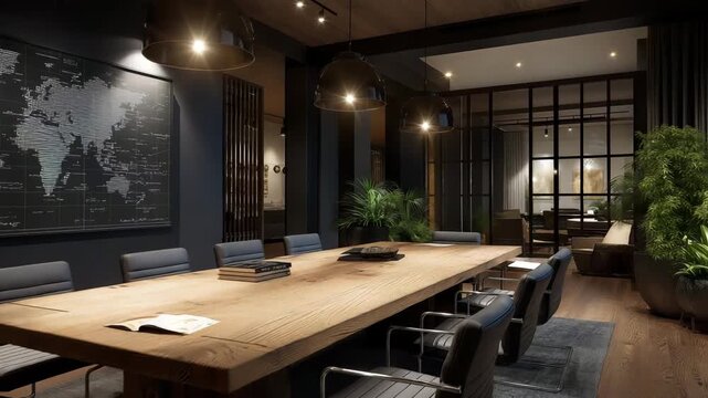 Large conference room with a wooden table and black chairs. A map is on the wall. dark conference room with oil map projected on business table, emerging oil markets