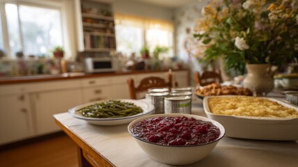 Festive cranberry relish glistens amidst rustic Thanksgiving cornucopia, evoking homey nostalgia and abundant harvest vibes in cozy cottage kitchen