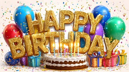 A festive birthday scene with cake gifts balloons and golden happy birthday lettering in confetti