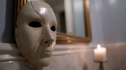 Cracked porcelain mask in flickering candlelight evokes eerie All Hallows' Eve and ancient Festival of Masks mystique