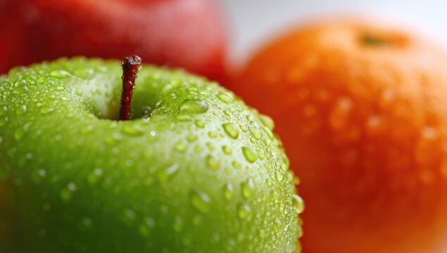 Close-up of a green apple with water droplets, in focus, next to a red apple and an orange - Powered by Adobe