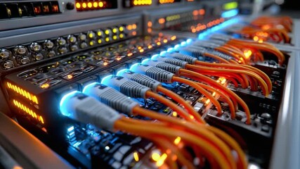 Server Room Connectivity: A detailed image showcases a server room environment. Data transfer and computer networking at work with lights, data cables and equipment.  - Powered by Adobe