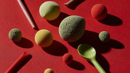 Colorful foam orbs on crimson canvas, evoking playful tactile realm of Tactile Therapy Day, vibrant artistic expressions