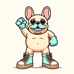 Obraz premium A cartoon illustration of French bulldog wearing boxing gloves and. Cute Clipart Vector Line Art Illustration. drawing pugilist frenchie canine in gloves comical animal fighter.