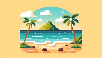 Obraz premium Sunny tropical island illustration showcasing palm trees and a serene blue ocean