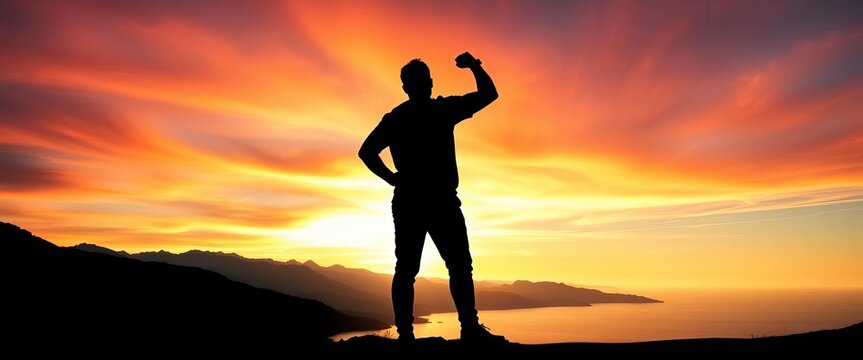 Silhouette of figure, paper cut style, mountains, sky, coast, serenity, strength,   minimal,   serene