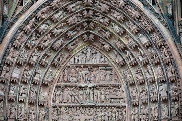 The detailed front face of the Cathédrale Notre-Dame-de-Strasbourg in Strasbourg, France