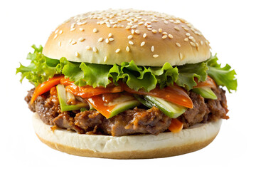 Photo of a delicious and freshly made hamburger with lettuce, tomato, and sauce, isolated on a transparent background