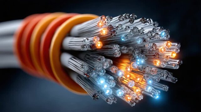 Digital Conduit: This macro shot showcases the intricacy of a fiber optic cable bundle, conveying data with high-speed and efficiency, an ode to the modern digital era. 