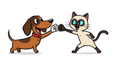Fototapeta premium Cheerful cartoon featuring a dachshund dog and Siamese cat fist-bumping, rendered in vibrant colors with friendly expressions against a clean white background.