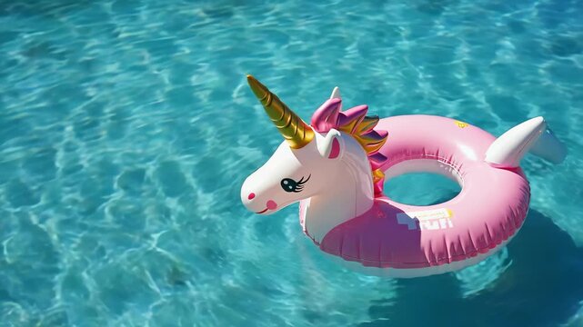 Unicorn float in clear blue pool under sunny sky