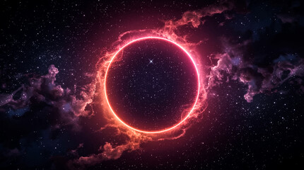 Obraz premium An abstract view of space showcasing a luminous ring against a backdrop of stars nebulae and a central dark void