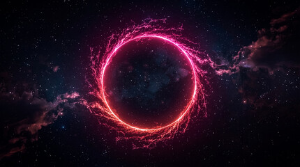 Obraz premium An abstract depiction of cosmic energy with a swirling vortex of pink and red light set against a backdrop of stars and interstellar clouds