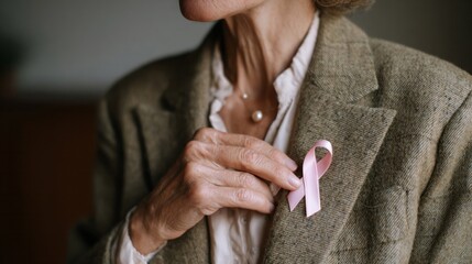 A mature Caucasian woman gently pins a pink ribbon, embracing Breast Cancer Awareness Month and the spirit of survivorship