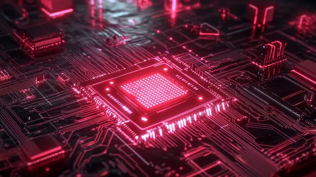 A futuristic close-up view of a glowing red computer circuit board with a central illuminated processor, symbolizing advanced technology.