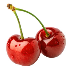 Two fresh cherries with water drops on white background, vibrant and juicy summer fruit.