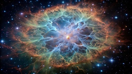 Photo of a vibrant and colorful nebula glows with light and energy amidst a field of distant stars in the vast expanse of deep space © AnjumanAra