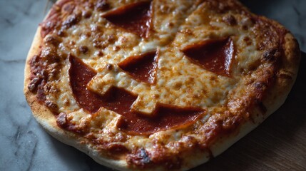 A jack-o'-lantern cheese pizza grins mischievously, celebrating Halloween's eerie charm and National Pizza Month's savory delight