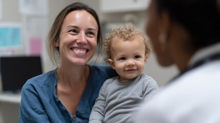 Fototapeta premium A joyful Caucasian mother and smiling child engage with a caring, unseen doctor, embodying World Kindness Day harmony