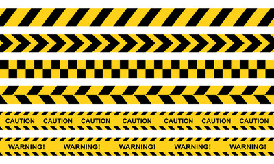 Set of caution tapes with black and yellow diagonal slashes or chevron print. Warning borders in construction work zone or crime scene. Danger, Attention tapes. Flat vector illustration design.
