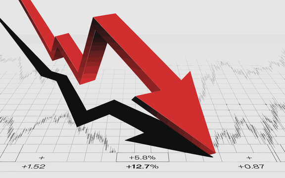 Red downward arrow over fluctuating financial graph with numeric metrics, symbolizing stock market decline, economic crisis, and investment loss