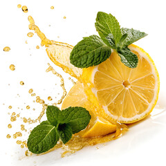 Lemon slices with mint leaves and juice splash, fresh citrus composition on white background.