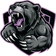 A ferocious black bear with an open mouth, showcasing strength and aggression, positioned within a shield-like graphic design.