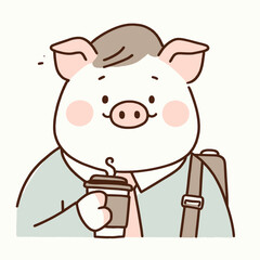 Fototapeta premium A cartoon pig wearing suit and tie is holding coffee. Cute Clipart Vector Illustration Line Art Illustration. Hog in formal attire clutching hot beverage comic animal business theme.