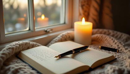 Peaceful Candlelit Journal Scene in Morning Light Candlelight brightens a corner with an open journal, a fountain pen, and a nearby window showing early morning light. Flickering flames create delicat