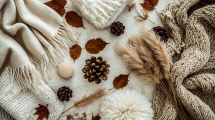 A collection of cozy autumn elements including knit scarves a sweater fallen leaves pinecones and pampas grass creating a warm and inviting scene