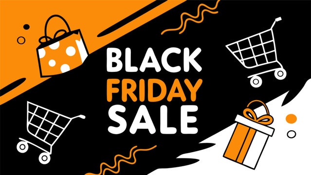Black friday sale advertisement with shopping bag, shopping carts, gift box and abstract orange shapes on black