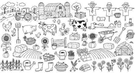 Detailed Hand-Drawn Farm  Agriculture Doodle Art: Animals, Crops, Buildings, Tools