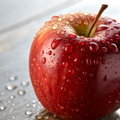 Red apple with water drops on wooden surface, fresh and juicy fruit, close-up.