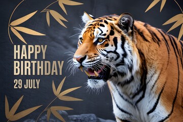 A majestic tiger portrait wishes a Happy Birthday on July 29 with decorative golden bamboo leaves in a celebratory design.