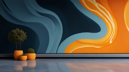 Vibrant Abstract Wall Mural with Blue and Orange Waves in Modern Interior