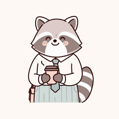 Fototapeta premium A cartoon raccoon wearing an office shirt and. Cute Clipart Vector Illustration Line Art Illustration. funny character at work with button-up shirt image.