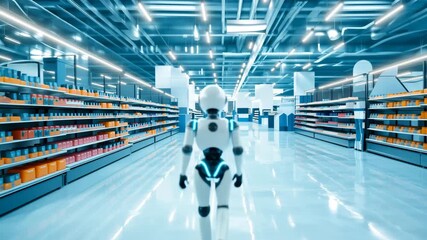 A futuristic white robot walks down the aisle of a modern, brightly lit supermarket. - Powered by Adobe