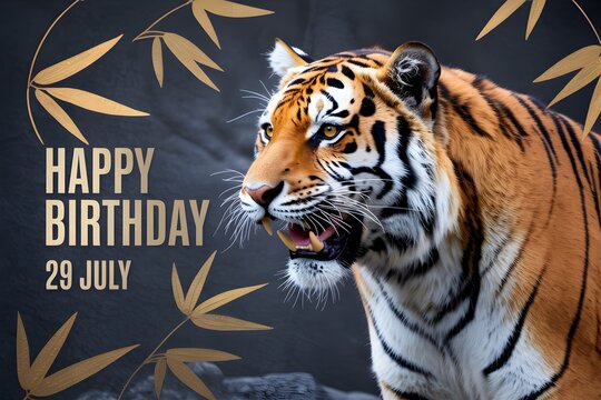 A majestic tiger portrait wishes a Happy Birthday on July 29 with decorative golden bamboo leaves in a celebratory design. - Powered by Adobe