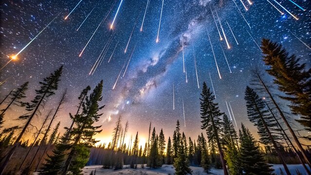 Photo of a breathtaking meteor shower illuminates the night sky with streaks of light above a snowcovered forest and the majestic milky way galaxy - Powered by Adobe