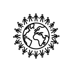 Contour icon of a globe with men standing around protecting from dangers, symbolizing global safety and security