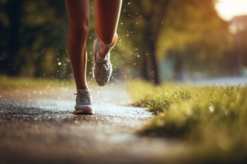 Runner legs splashing water on path running feet