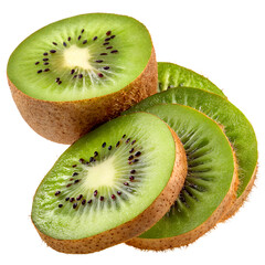 Sliced kiwi fruit with vibrant green flesh and seeds, isolated on white background.