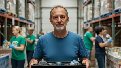 Man carries food donation box in warehouse; volunteers pack canned goods for hunger relief efforts, food bank. Philanthropy, community support, and social responsibility. - Powered by Adobe