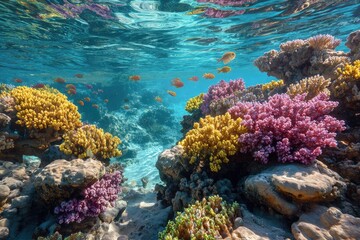 Fototapeta premium Vibrant coral reef teeming with life, showcasing diverse colorful corals and numerous fish swimming in crystal-clear turquoise water, sunlit from above