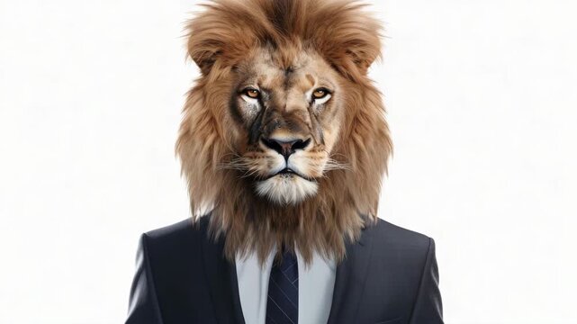 A man dressed in business attire with a lion mask.