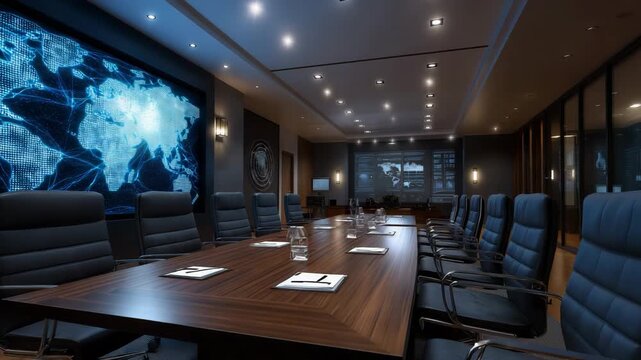 Large conference room with a large screen on the wall. The room is filled with black chairs. dark conference room with oil map projected on business table, emerging oil markets